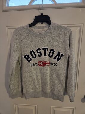 Boston Crewneck Sweater in Light Gray with Red Accent